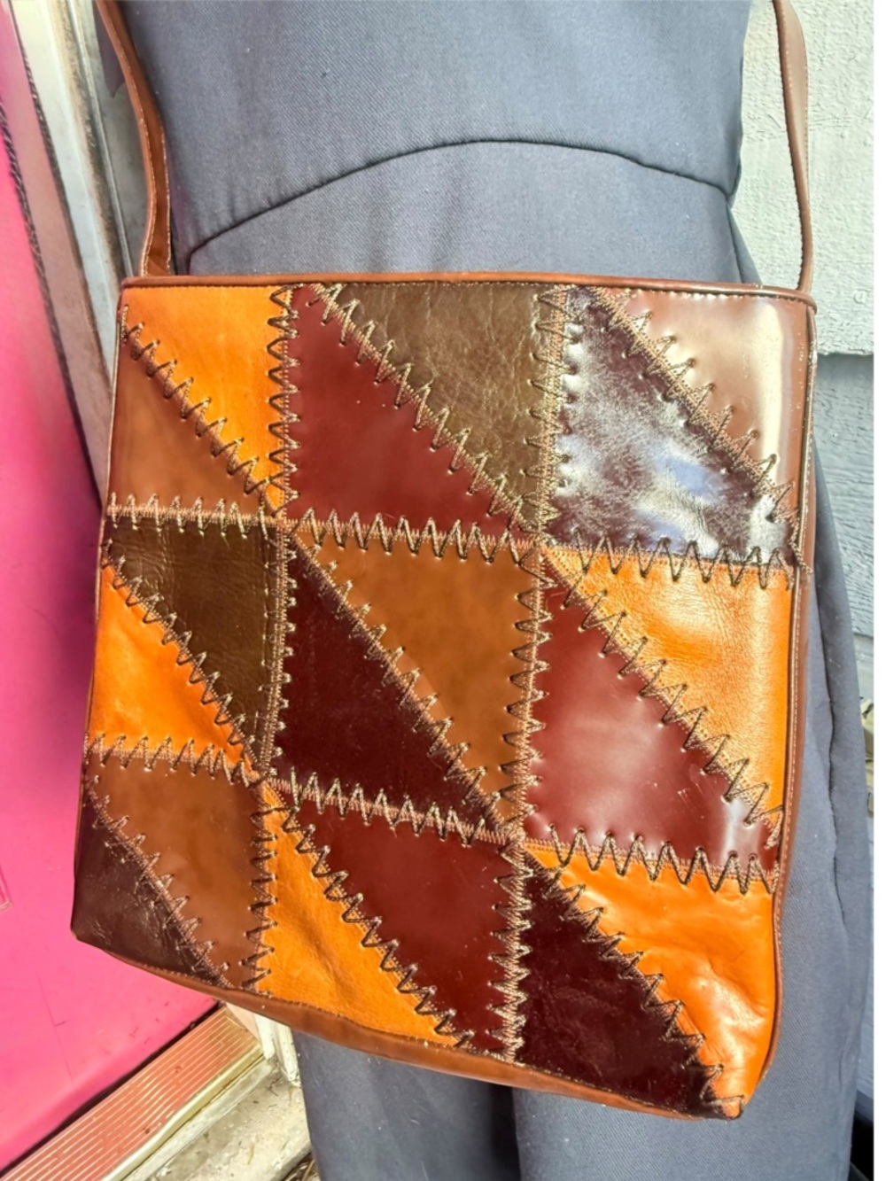 1980s Vintage Sharif Brown Patchwork Leather Crossbody Shoulder Bag Made in USA